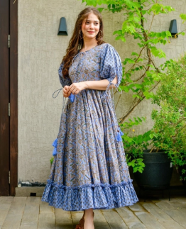 Blue Cotton Silk Puff Sleeve Printed Dress