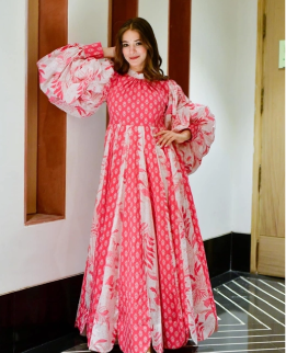 Pink Cotton Silk Full Puff Sleeve Printed Dress