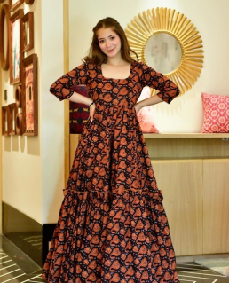 Black Cotton Silk Printed Gown