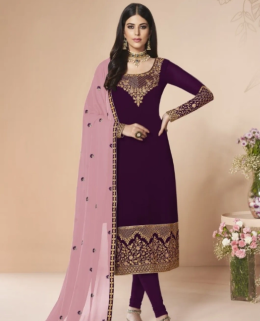 Magenta Color Embroidered Straight Suit