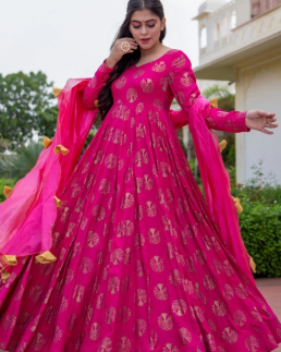 Pink Rayon Long Anarkali Kurta With Dupatta