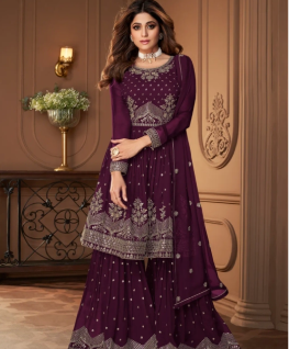 Dark Purple Embroidered Sharara Suit